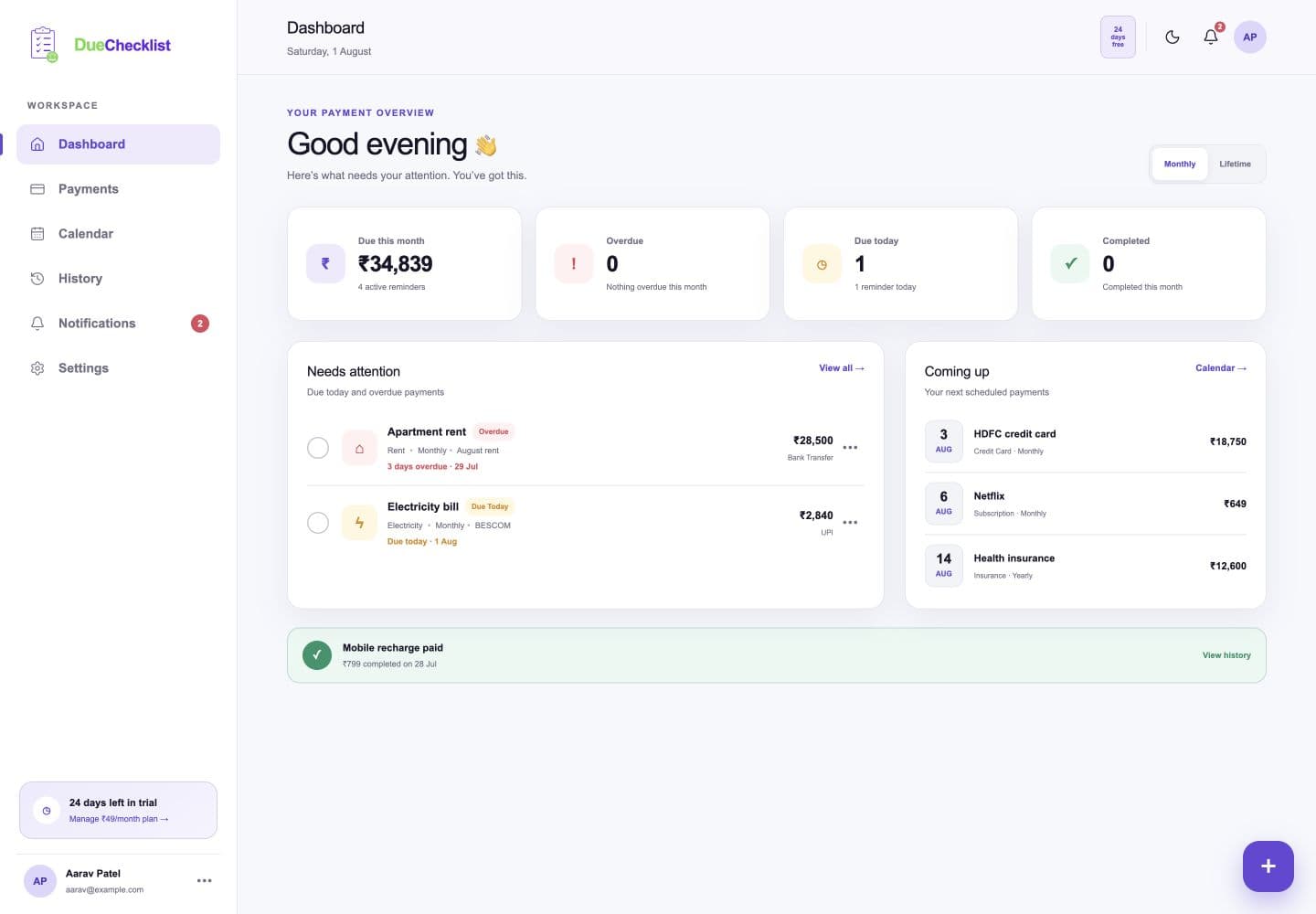 DueChecklist dashboard showing upcoming, overdue and completed payments