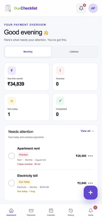 DueChecklist mobile dashboard with payment reminders and bottom navigation